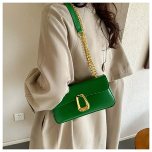 Close-up of green crossbody bag with gold chain strap and geometric buckle detail