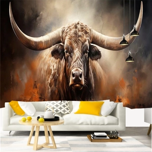Detailed highland cow tapestry hanging over a sofa in a modern minimalist living room decoration