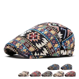 Ethnic style jacquard flat cap for men and women with vintage geometric patterns