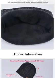 Detail view of winter knitted hat with soft fleece lining and specific size measurements