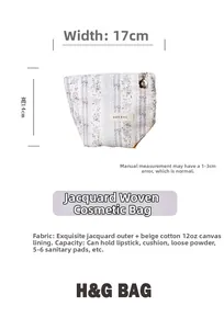 Detailed dimensions of purple floral jacquard makeup bag with 12oz cotton lining