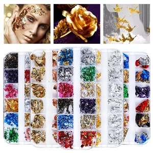 12-color nail art foil flakes in storage boxes for DIY manicures and creative decorations