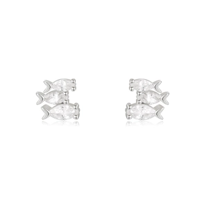 Detailed macro view of S925 silver stud earrings with marquise-cut zircons in fish shapes