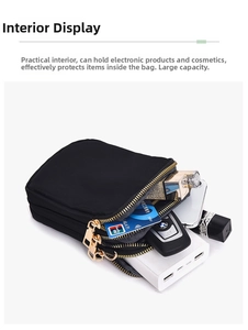 Detail view of black nylon crossbody bag showing multiple pockets and storage capacity