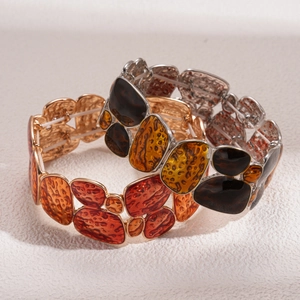 Retro geometric elastic bracelets with enamel inlay in amber and brown earth tones