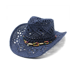 Cappello da cowboy in paglia intrecciata blu scuro con perline colorate e conchiglie
