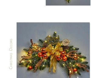 Detail of Christmas garland with champagne gold bow, pine cones, and warm LED lights