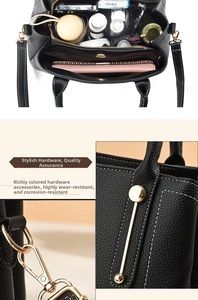 Macro view of lychee pattern leather textures and golden hardware on the multi-compartment bag
