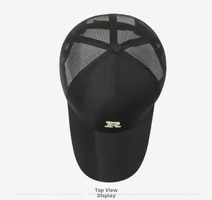 Top view of a black quick-dry baseball cap with letter R embroidery and mesh back