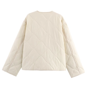 Back view of women's off-white diamond-quilted jacket with high-quality fabric texture