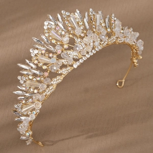 Elegant bridal crystal crown with colorful rhinestones on a gold base for weddings