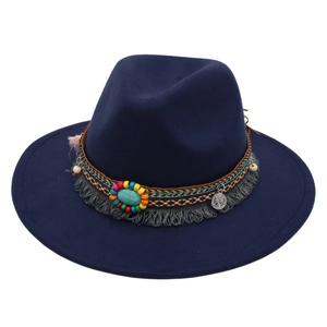 Cappello fedora blu scuro in lana con perline bohémien e pietra turchese