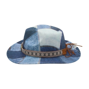 Fashion patchwork denim cowboy hat with tribal decorative band and adjustable leather cord
