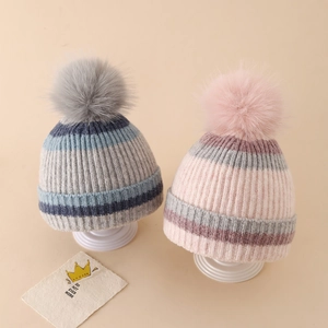 Winter striped knit beanie with faux fur pompom and thick thermal lining for kids