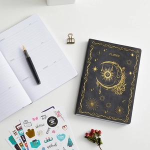 Undated Weekly Planner PU Leather Sun Moon Celestial Starry Sky Notebook Thick Paper Business Office Stationery With Stickers