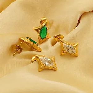Star-shaped 18k gold plated stud earrings with green and white marquise zircons