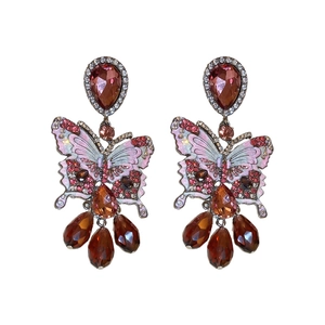 Vintage butterfly earrings with crystal tassels and colorful enamel in palace style