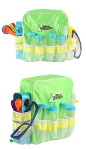Detail of green Primary Science backpack with mesh pockets for kids lab equipment