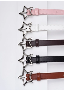 Detail view of colorful skinny PU belts featuring silver star buckles and star-shaped punches
