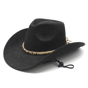 Chapeau de cowboy rétro en daim noir avec bande perlée et mentonnière ajustable