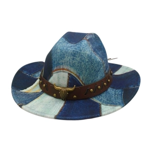 Vintage Western Cowboy Hat Denim Patchwork Wide Brim Fedora With Leather Band Metal Cow Head Rivets Retro Sun Hat