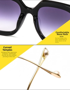Detail of square sunglasses with purple gradient lenses and gold temples with pearl tips