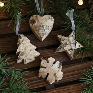 Christmas Hanging Ornaments Natural Wood Birch Bark Star Snowflake Heart Tree Reindeer Rustic Nordic Holiday Decor