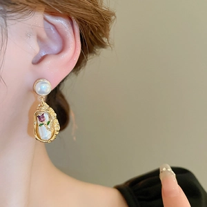 French vintage gold plated bouquet earrings with pearls and purple floral enamel details