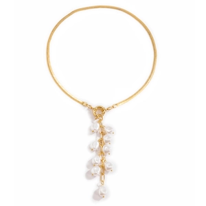 Baroque gold snake chain necklace with elegant dangling white pearl tassels on white background
