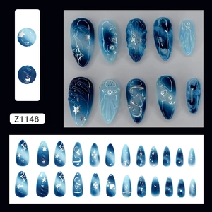 Blue cat eye press-on nails set with 3D ripples pearls and star glitter 24pcs