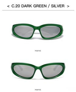 Front view of oval dark green sports cycling sunglasses with silver reflective lenses