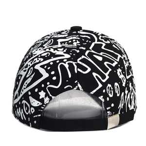 Fashionable baseball cap with black and white graffiti print and adjustable metal buckle