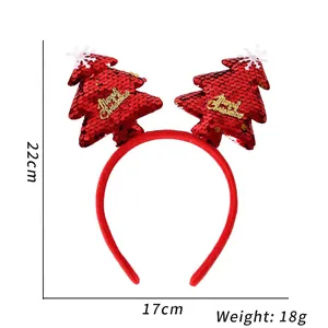 Red sequined Christmas tree headband with Merry Christmas text, 22cm x 17cm dimensions