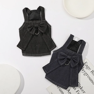Pet Denim Dress Harness With Large Bow Contrast Stitching Metal D Ring Strap Apparel For Small Medium Dogs Cats