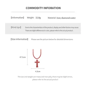 Detailed size chart for red rhinestone cross pendant necklace with 47.5cm length and weight