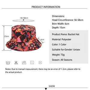 Unisex red paisley pattern bucket hat with size chart and product information