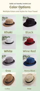 Détails montrant les huit couleurs disponibles pour ce chapeau fedora en paille tressée