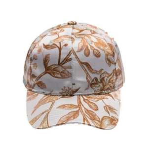 Detailed shot of smooth satin floral Hawaiian baseball cap with brown leaf pattern