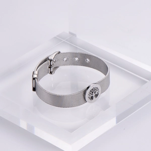 Silver stainless steel mesh bracelet featuring a Tree of Life charm and Roman numerals