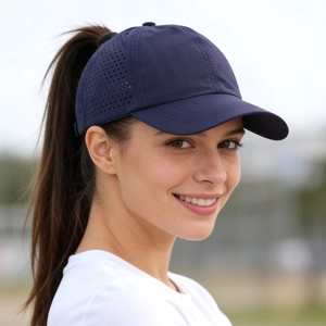 Navy blue quick-dry baseball cap with laser-cut vents and high ponytail opening