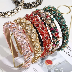 Luxury Rhinestone Padded Headband For Women Baroque Artificial Gemstone Sparkly High Crown Hairband Vintage Elegant