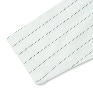 Detailed macro view of white cotton fabric with black vertical stripes and fine texture