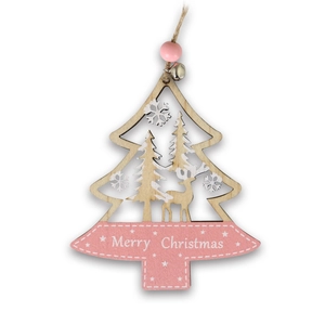 Suspension de sapin de Noël en bois rose et naturel avec motifs de cerf et grelot