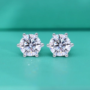 Classic six-prong S925 sterling silver moissanite stud earrings with round cut stones