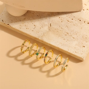 Set of six adjustable gold-plated brass rings with colorful zircon and emerald gems