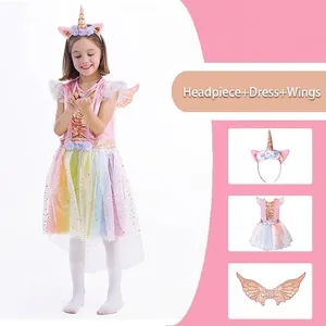 Unicorn cosplay costume for girls including rainbow tutu dress wings and headband set