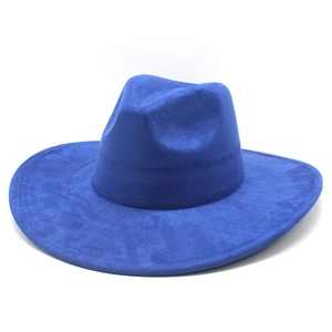 Detailed close-up of dark blue faux suede fedora hat with wide brim and creased crown
