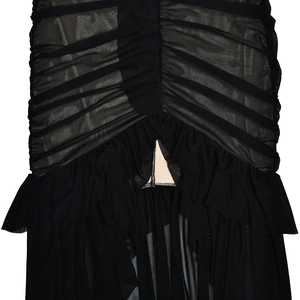 Detail view of black mesh fabric showing elegant ruffles and fine pleated stitching textures