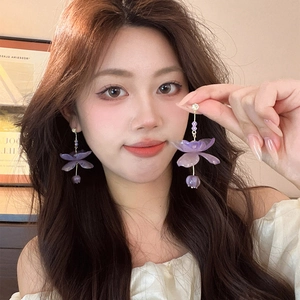 Elegant purple resin flower drop earrings with small zircons and frosted bead pendant
