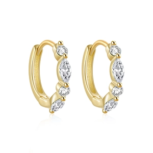 Detail view of gold S925 silver earrings with marquise and round cut cubic zirconia